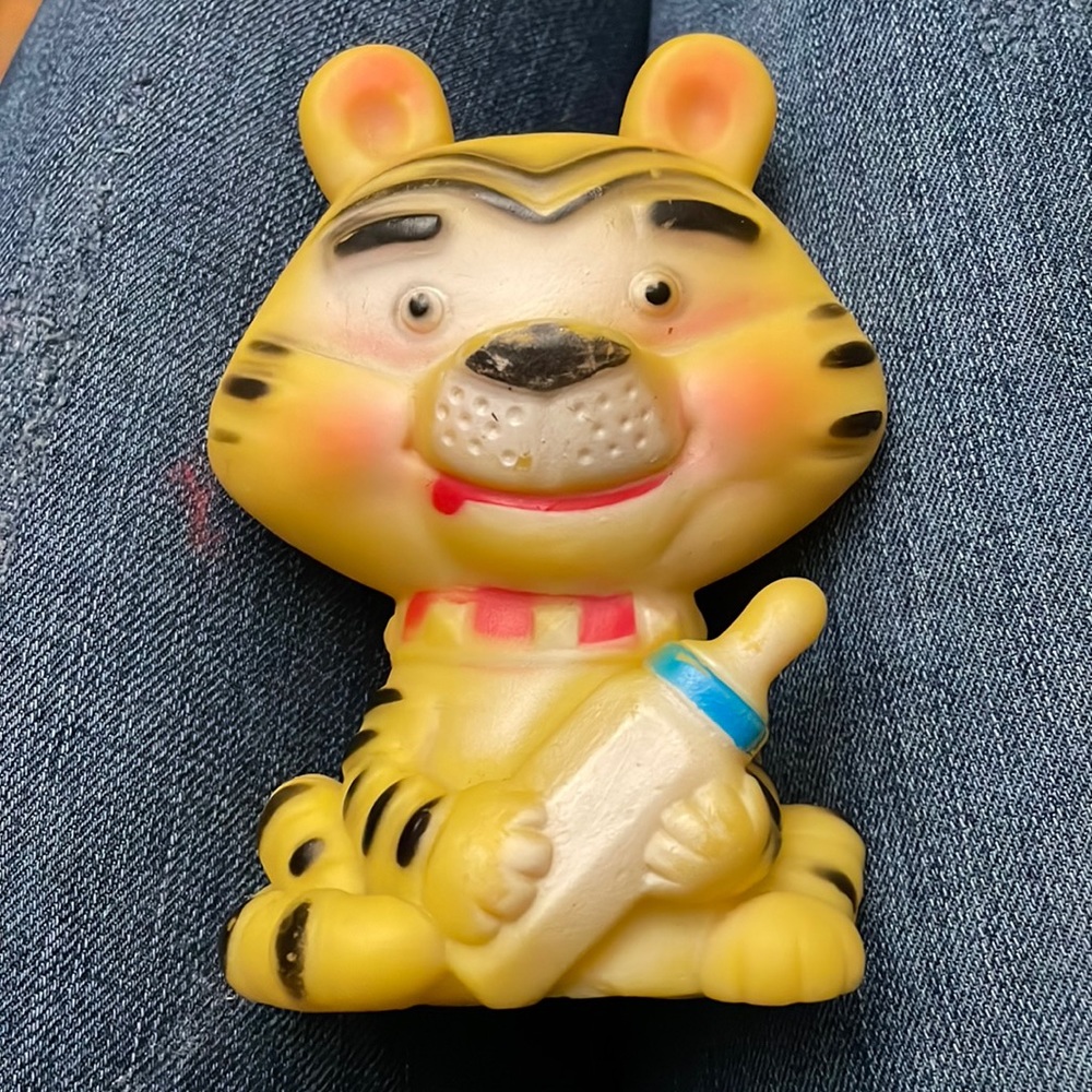 Vintage Rubber Squeaky Toy Alan Jay Clarolyte Tiger with Bottle 1960s